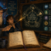 An experienced wizard mentors a young apprentice in a candlelit magical workshop where fantasy and software engineering converge. A glowing instructional board illustrates prompt engineering concepts including context building, prompt patterns, iterative conversations, and specifying requirements, while an open spellbook displays a structured AI prompt template. A crystal ball labeled with clarity, context, constraints, and success symbolizes effective prompt design, surrounded by engineering books, architectural references, and magical artifacts that reinforce the theme of AI as an apprentice guided by thoughtful engineering judgment.