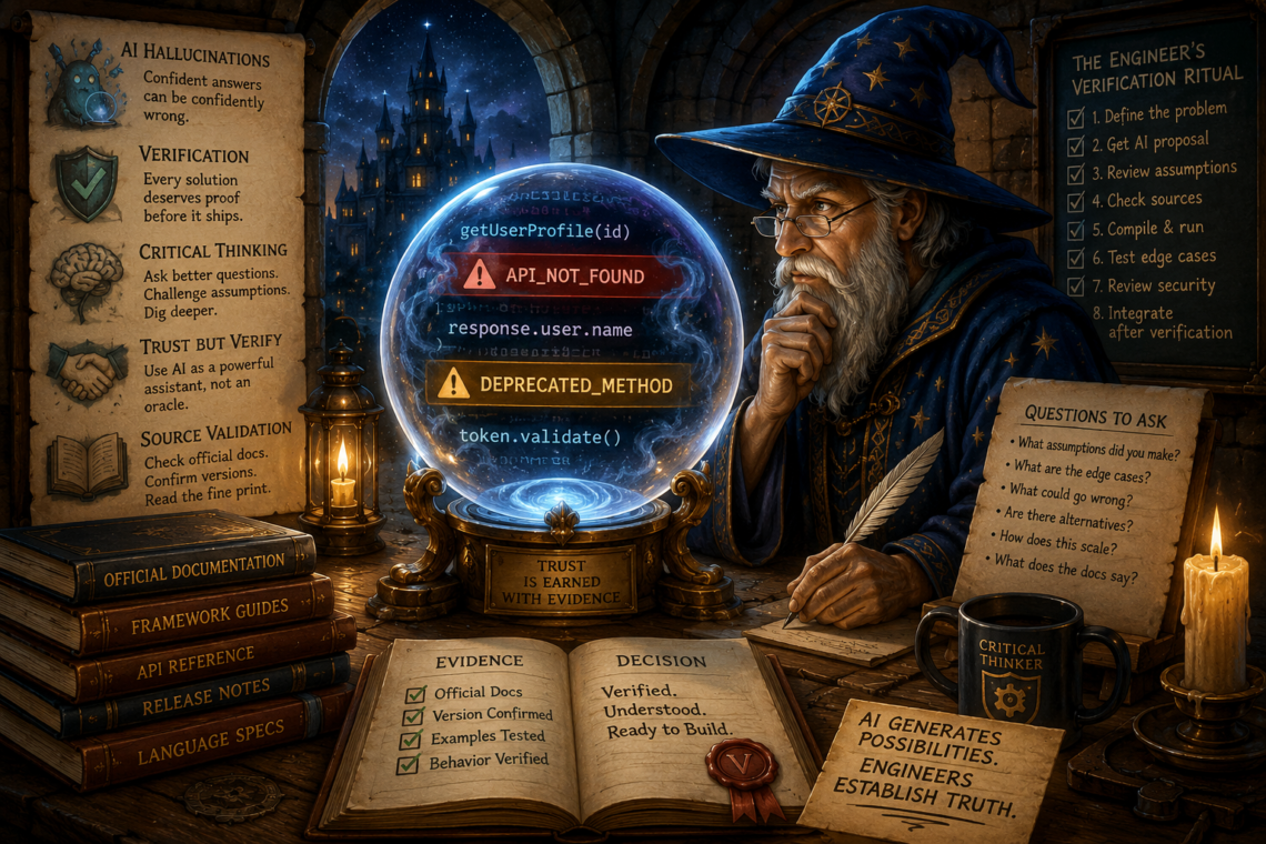 A thoughtful wizard studies a glowing crystal ball inside a medieval observatory transformed into a software engineering workspace. The crystal ball displays realistic-looking code alongside prominent warning messages indicating nonexistent APIs and deprecated methods, symbolizing AI hallucinations. Surrounding the wizard are official documentation books, verification checklists, engineering notes, and a ritual board outlining a disciplined software validation process. Additional notes encourage asking critical questions, verifying assumptions, and consulting authoritative sources before trusting AI-generated solutions. The scene combines fantasy and technology to illustrate the importance of critical thinking, source validation, and professional judgment in AI-assisted software development.