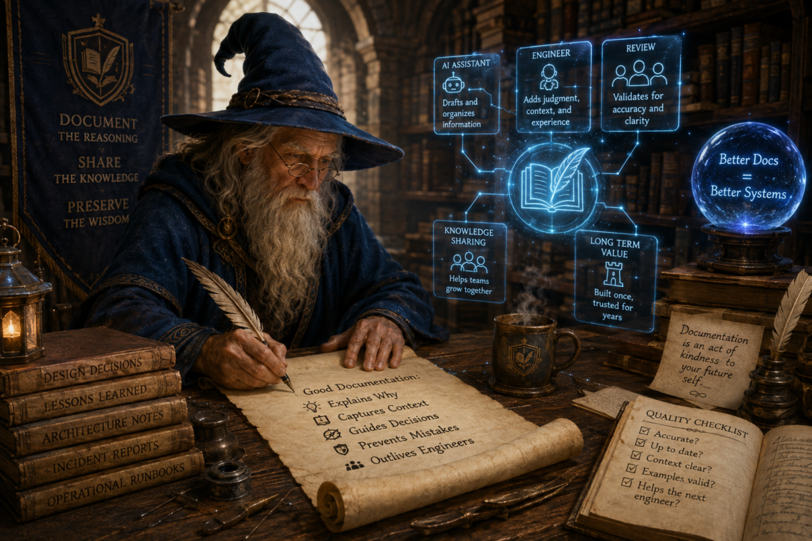 An elderly wizard in deep blue robes sits at a wooden desk inside a grand medieval library, carefully writing on a parchment with a feather quill. Shelves of ancient books fill the background beneath tall stone arches, creating the atmosphere of a magical archive. Around the wizard, glowing blue holographic panels illustrate an AI-assisted documentation workflow, showing an AI assistant drafting information, an engineer adding judgment and context, and a review process validating accuracy and clarity before documentation is shared. Stacks of books labeled Design Decisions, Lessons Learned, Architecture Notes, Incident Reports, and Operational Runbooks reinforce the importance of preserving engineering knowledge. A scroll on the desk highlights the qualities of effective documentation, including explaining why decisions were made, capturing context, guiding future decisions, preventing mistakes, and outliving the original engineers. Nearby, a documentation quality checklist emphasizes accuracy, current information, clear context, valid examples, and usefulness to future team members. A glowing crystal orb displays the message Better Docs = Better Systems, visually connecting thoughtful documentation, AI-assisted knowledge sharing, and long-term software maintainability.