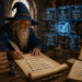 An elderly wizard in deep blue robes sits at a wooden desk inside a grand medieval library, carefully writing on a parchment with a feather quill. Shelves of ancient books fill the background beneath tall stone arches, creating the atmosphere of a magical archive. Around the wizard, glowing blue holographic panels illustrate an AI-assisted documentation workflow, showing an AI assistant drafting information, an engineer adding judgment and context, and a review process validating accuracy and clarity before documentation is shared. Stacks of books labeled Design Decisions, Lessons Learned, Architecture Notes, Incident Reports, and Operational Runbooks reinforce the importance of preserving engineering knowledge. A scroll on the desk highlights the qualities of effective documentation, including explaining why decisions were made, capturing context, guiding future decisions, preventing mistakes, and outliving the original engineers. Nearby, a documentation quality checklist emphasizes accuracy, current information, clear context, valid examples, and usefulness to future team members. A glowing crystal orb displays the message Better Docs = Better Systems, visually connecting thoughtful documentation, AI-assisted knowledge sharing, and long-term software maintainability.