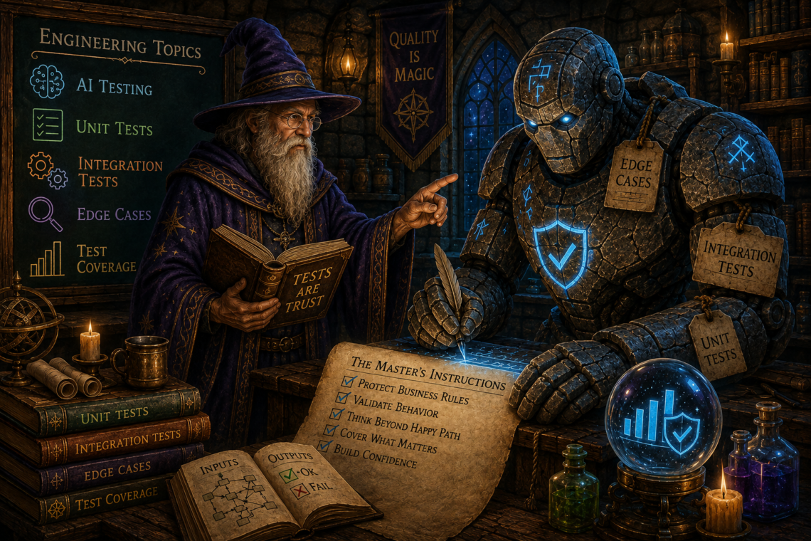 A wise wizard in a candlelit medieval workshop mentors a towering stone golem whose glowing blue runes illuminate the room as it carefully writes magical symbols onto a workbench. Behind them, a chalkboard labeled "Engineering Topics" lists AI Testing, Unit Tests, Integration Tests, Edge Cases, and Test Coverage, while a banner reading "Quality Is Magic" hangs above shelves of spellbooks and alchemical supplies. The wizard studies an open book titled Tests Are Trust while pointing toward the golem's work, symbolizing human guidance directing AI-assisted software testing. Nearby, books, scrolls, and a parchment labeled The Master's Instructions emphasize protecting business rules, validating behavior, thinking beyond the happy path, covering what matters, and building confidence. A glowing crystal ball displaying test coverage metrics and engineering-themed books reinforce the article's message that AI is a tireless assistant whose effectiveness depends on the quality of the instructions it receives.