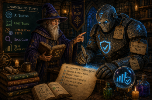 A wise wizard in a candlelit medieval workshop mentors a towering stone golem whose glowing blue runes illuminate the room as it carefully writes magical symbols onto a workbench. Behind them, a chalkboard labeled "Engineering Topics" lists AI Testing, Unit Tests, Integration Tests, Edge Cases, and Test Coverage, while a banner reading "Quality Is Magic" hangs above shelves of spellbooks and alchemical supplies. The wizard studies an open book titled Tests Are Trust while pointing toward the golem's work, symbolizing human guidance directing AI-assisted software testing. Nearby, books, scrolls, and a parchment labeled The Master's Instructions emphasize protecting business rules, validating behavior, thinking beyond the happy path, covering what matters, and building confidence. A glowing crystal ball displaying test coverage metrics and engineering-themed books reinforce the article's message that AI is a tireless assistant whose effectiveness depends on the quality of the instructions it receives.