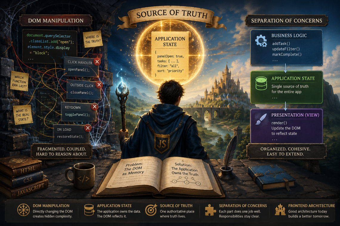A fantasy-inspired editorial illustration shows a developer wizard standing before a glowing magical orb labeled Source of Truth, symbolizing application state as the central authority in a web application. On the left, a dark stone chamber labeled DOM Manipulation is filled with tangled event listeners, sticky notes, and crisscrossing connections that represent tightly coupled code and hidden complexity. On the right, a bright architectural diagram labeled Separation of Concerns organizes business logic, application state, and presentation into distinct layers connected by a clear flow. An open spellbook in the foreground contrasts the problem of treating the DOM as memory with the solution of allowing the application to own its state. Books labeled HTML, CSS, and JavaScript, along with castles, mountains, and magical effects, reinforce the Dungeons & Dragons theme while illustrating the transition from direct DOM manipulation to maintainable frontend architecture.