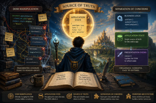 A fantasy-inspired editorial illustration shows a developer wizard standing before a glowing magical orb labeled Source of Truth, symbolizing application state as the central authority in a web application. On the left, a dark stone chamber labeled DOM Manipulation is filled with tangled event listeners, sticky notes, and crisscrossing connections that represent tightly coupled code and hidden complexity. On the right, a bright architectural diagram labeled Separation of Concerns organizes business logic, application state, and presentation into distinct layers connected by a clear flow. An open spellbook in the foreground contrasts the problem of treating the DOM as memory with the solution of allowing the application to own its state. Books labeled HTML, CSS, and JavaScript, along with castles, mountains, and magical effects, reinforce the Dungeons & Dragons theme while illustrating the transition from direct DOM manipulation to maintainable frontend architecture.