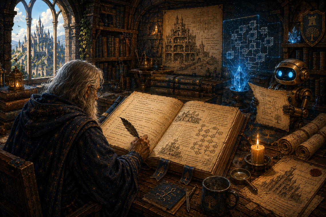 An elderly wizard restores a massive ancient spellbook in a candlelit fantasy library, studying aged pages filled with code, diagrams, and architectural notes while a small AI automaton assists nearby. Glowing blue system diagrams, old technical volumes, scrolls, and a castle beyond the window symbolize legacy code, refactoring, code modernization, technical debt, and AI-assisted cleanup.