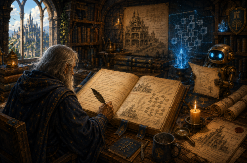 An elderly wizard restores a massive ancient spellbook in a candlelit fantasy library, studying aged pages filled with code, diagrams, and architectural notes while a small AI automaton assists nearby. Glowing blue system diagrams, old technical volumes, scrolls, and a castle beyond the window symbolize legacy code, refactoring, code modernization, technical debt, and AI-assisted cleanup.