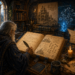 An elderly wizard restores a massive ancient spellbook in a candlelit fantasy library, studying aged pages filled with code, diagrams, and architectural notes while a small AI automaton assists nearby. Glowing blue system diagrams, old technical volumes, scrolls, and a castle beyond the window symbolize legacy code, refactoring, code modernization, technical debt, and AI-assisted cleanup.
