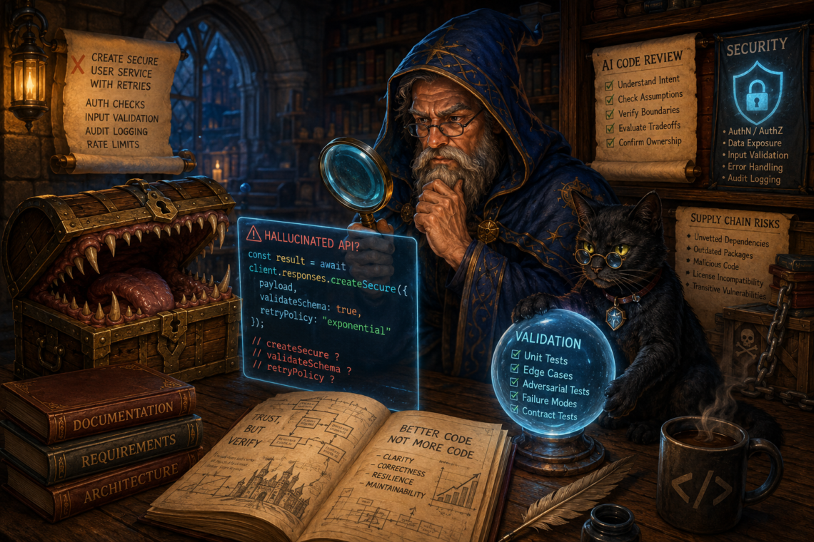 A fantasy wizard-developer examines glowing AI-generated code with a magnifying glass in a candlelit library while a black cat familiar guards a validation orb. A toothy mimic chest lurks nearby, surrounded by scrolls and books representing AI code review, security, hallucinated APIs, supply chain risks, testing, requirements, and architecture.