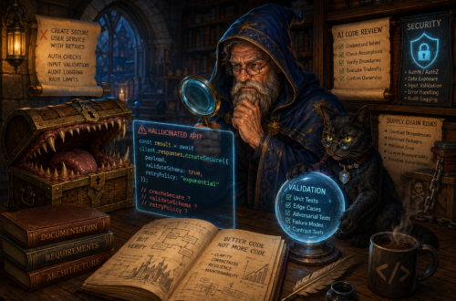 A fantasy wizard-developer examines glowing AI-generated code with a magnifying glass in a candlelit library while a black cat familiar guards a validation orb. A toothy mimic chest lurks nearby, surrounded by scrolls and books representing AI code review, security, hallucinated APIs, supply chain risks, testing, requirements, and architecture.