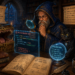 A fantasy wizard-developer examines glowing AI-generated code with a magnifying glass in a candlelit library while a black cat familiar guards a validation orb. A toothy mimic chest lurks nearby, surrounded by scrolls and books representing AI code review, security, hallucinated APIs, supply chain risks, testing, requirements, and architecture.