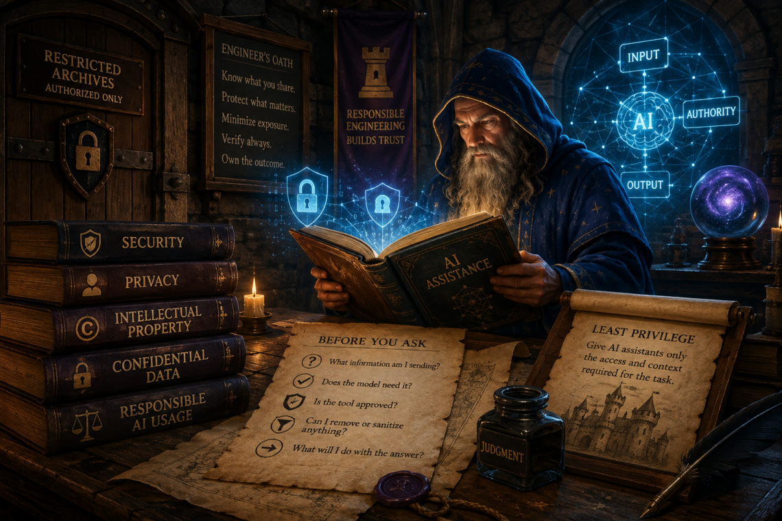 A fantasy wizard studies a glowing AI spellbook inside a restricted archive, surrounded by magical security shields and references to security, privacy, intellectual property, confidential data, and responsible AI usage. An illuminated diagram connects AI with input, authority, and output, while notes about least privilege and careful information sharing emphasize responsible engineering judgment.