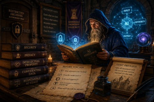 A fantasy wizard studies a glowing AI spellbook inside a restricted archive, surrounded by magical security shields and references to security, privacy, intellectual property, confidential data, and responsible AI usage. An illuminated diagram connects AI with input, authority, and output, while notes about least privilege and careful information sharing emphasize responsible engineering judgment.