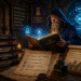 A fantasy wizard studies a glowing AI spellbook inside a restricted archive, surrounded by magical security shields and references to security, privacy, intellectual property, confidential data, and responsible AI usage. An illuminated diagram connects AI with input, authority, and output, while notes about least privilege and careful information sharing emphasize responsible engineering judgment.