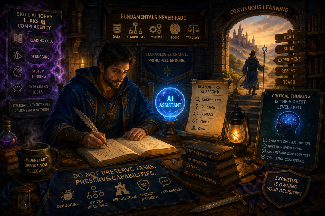 A fantasy-inspired software engineer in blue wizard robes studies an open spellbook at a glowing workshop desk beside an AI assistant orb. Surrounding signs and books emphasize engineering fundamentals, continuous learning, debugging, system reasoning, security, critical thinking, and maintaining expertise, reinforcing the message that AI should support an engineer’s capabilities without replacing independent thought and judgment.