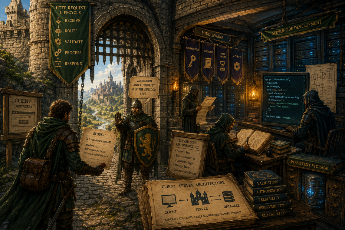 Dungeons & Dragons-inspired fantasy illustration of a fortified kingdom gate representing the boundary between browser and server, with a traveler delivering a request through guarded checkpoints into a server-side stronghold where validation, middleware, application logic, persistent storage, and client-server communication are visualized as interconnected parts of the kingdom’s infrastructure.
