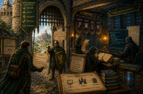 Dungeons & Dragons-inspired fantasy illustration of a fortified kingdom gate representing the boundary between browser and server, with a traveler delivering a request through guarded checkpoints into a server-side stronghold where validation, middleware, application logic, persistent storage, and client-server communication are visualized as interconnected parts of the kingdom’s infrastructure.