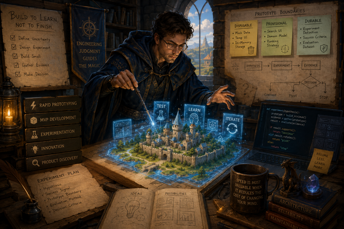 A fantasy-inspired software engineer in a medieval workshop uses glowing blue magic to build a miniature castle prototype, surrounded by diagrams for prototype boundaries, experimentation, and decision-making, with references to rapid prototyping, MVP development, innovation, and product discovery.