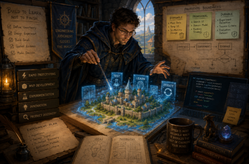 A fantasy-inspired software engineer in a medieval workshop uses glowing blue magic to build a miniature castle prototype, surrounded by diagrams for prototype boundaries, experimentation, and decision-making, with references to rapid prototyping, MVP development, innovation, and product discovery.