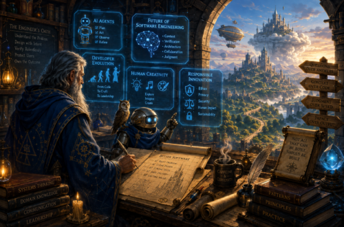 A fantasy software engineer works beside a small AI automaton in an enchanted workshop overlooking a vast cloud-bound kingdom. Glowing panels represent AI agents, the future of software engineering, developer evolution, human creativity, and responsible innovation, while books, blueprints, and signs emphasize systems thinking, engineering judgment, context, security, and responsible development.