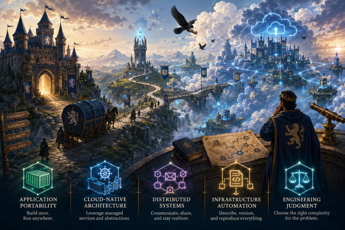 A fantasy castle opens onto a winding road leading toward a futuristic kingdom floating among the clouds, connected by glowing networks and infrastructure. A crowned architect studies the realm from a stone overlook while visual symbols represent application portability, cloud-native architecture, distributed systems, infrastructure automation, and engineering judgment.