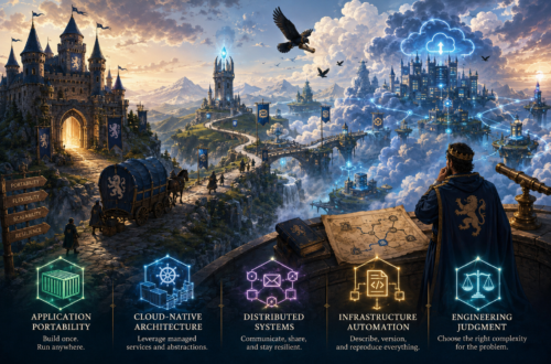 A fantasy castle opens onto a winding road leading toward a futuristic kingdom floating among the clouds, connected by glowing networks and infrastructure. A crowned architect studies the realm from a stone overlook while visual symbols represent application portability, cloud-native architecture, distributed systems, infrastructure automation, and engineering judgment.