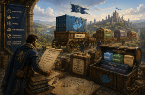 A fantasy-tech illustration shows a medieval engineer preparing a containerized application for travel. A Docker-marked shipping container and wagons labeled Image, Config, Data, and Secrets travel toward a distant castle, while a packing checklist identifies runtime, dependencies, configuration, entrypoint, ports, data, and secrets. Banners and maps emphasize containers, Docker, images, environment consistency, reproducibility, and application portability.