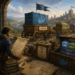 A fantasy-tech illustration shows a medieval engineer preparing a containerized application for travel. A Docker-marked shipping container and wagons labeled Image, Config, Data, and Secrets travel toward a distant castle, while a packing checklist identifies runtime, dependencies, configuration, entrypoint, ports, data, and secrets. Banners and maps emphasize containers, Docker, images, environment consistency, reproducibility, and application portability.