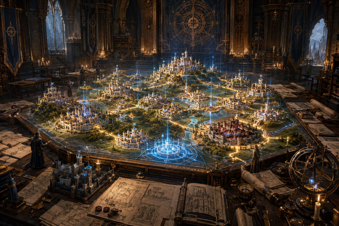 A grand fantasy war room contains a glowing tabletop map of a vast kingdom, with many castles connected by luminous roads and blue magical markers as robed strategists study the scene beneath towering banners, stone arches, and candlelight.