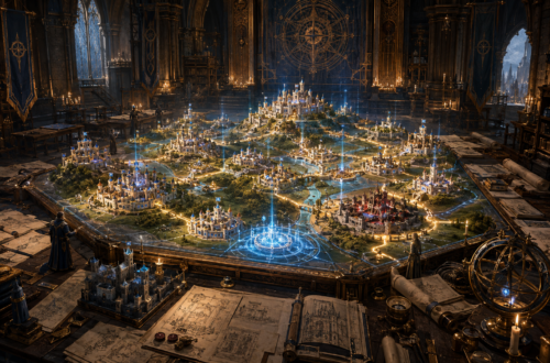 A grand fantasy war room contains a glowing tabletop map of a vast kingdom, with many castles connected by luminous roads and blue magical markers as robed strategists study the scene beneath towering banners, stone arches, and candlelight.