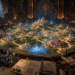 A grand fantasy war room contains a glowing tabletop map of a vast kingdom, with many castles connected by luminous roads and blue magical markers as robed strategists study the scene beneath towering banners, stone arches, and candlelight.