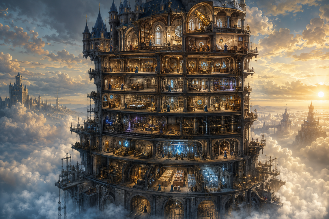 Cutaway view of a vast wizard’s tower rising above the clouds, revealing layered workshops, storage chambers, managed systems, and small engineer-scholars operating within a provider-maintained infrastructure.