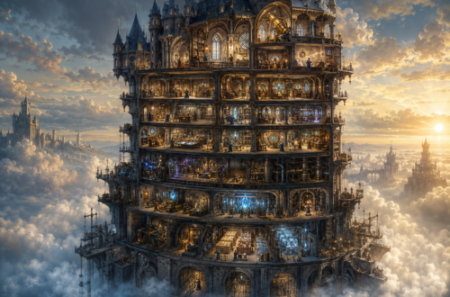 Cutaway view of a vast wizard’s tower rising above the clouds, revealing layered workshops, storage chambers, managed systems, and small engineer-scholars operating within a provider-maintained infrastructure.