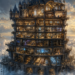 Cutaway view of a vast wizard’s tower rising above the clouds, revealing layered workshops, storage chambers, managed systems, and small engineer-scholars operating within a provider-maintained infrastructure.