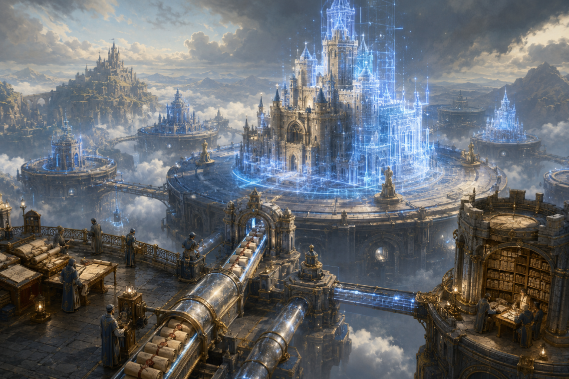 Fantasy cloud-city architecture showing a partially materialized castle forming from glowing blue magical blueprints, with smaller summoned towers, message scrolls moving through conduits, and a permanent archive connected nearby to represent serverless execution, event-driven architecture, scaling, stateless computing, cold starts, and managed storage.