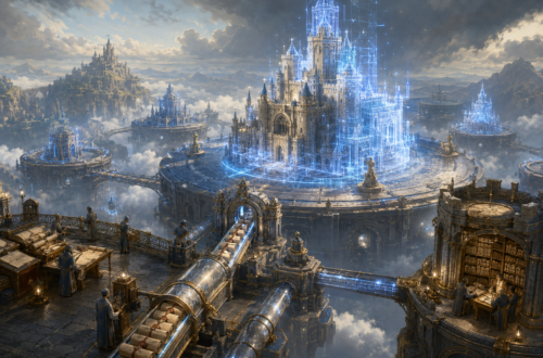 Fantasy cloud-city architecture showing a partially materialized castle forming from glowing blue magical blueprints, with smaller summoned towers, message scrolls moving through conduits, and a permanent archive connected nearby to represent serverless execution, event-driven architecture, scaling, stateless computing, cold starts, and managed storage.
