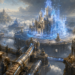 Fantasy cloud-city architecture showing a partially materialized castle forming from glowing blue magical blueprints, with smaller summoned towers, message scrolls moving through conduits, and a permanent archive connected nearby to represent serverless execution, event-driven architecture, scaling, stateless computing, cold starts, and managed storage.