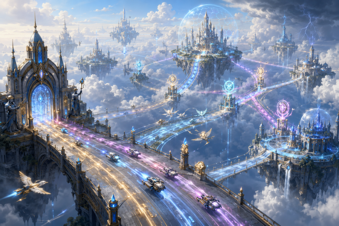 A vast cloud kingdom of floating cities and towers connected by glowing aerial roads, gateways, and branching energy paths, symbolizing service communication, APIs, service discovery, load balancing, and reliable cloud-native networking.