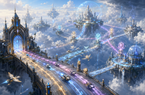 A vast cloud kingdom of floating cities and towers connected by glowing aerial roads, gateways, and branching energy paths, symbolizing service communication, APIs, service discovery, load balancing, and reliable cloud-native networking.