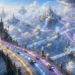 A vast cloud kingdom of floating cities and towers connected by glowing aerial roads, gateways, and branching energy paths, symbolizing service communication, APIs, service discovery, load balancing, and reliable cloud-native networking.