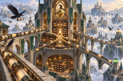 A vast medieval courier exchange above the clouds routes glowing message scrolls along branching bridges to distant castles as ravens carry additional dispatches across the kingdom.