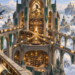 A vast medieval courier exchange above the clouds routes glowing message scrolls along branching bridges to distant castles as ravens carry additional dispatches across the kingdom.