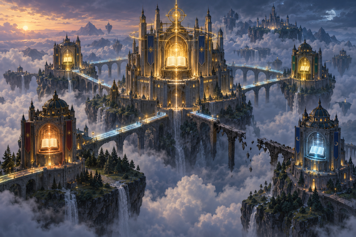 Wide fantasy illustration of a central glowing archive fortress connected to several smaller replicated archive towers by illuminated bridges, with one broken bridge representing network partition and inconsistent data across a distributed system.