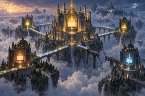 Wide fantasy illustration of a central glowing archive fortress connected to several smaller replicated archive towers by illuminated bridges, with one broken bridge representing network partition and inconsistent data across a distributed system.